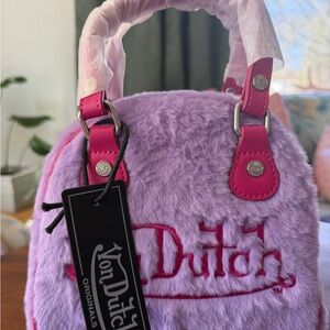 Von Dutch Lavender Faux Fur Mini Bag with Hot Pink Trim